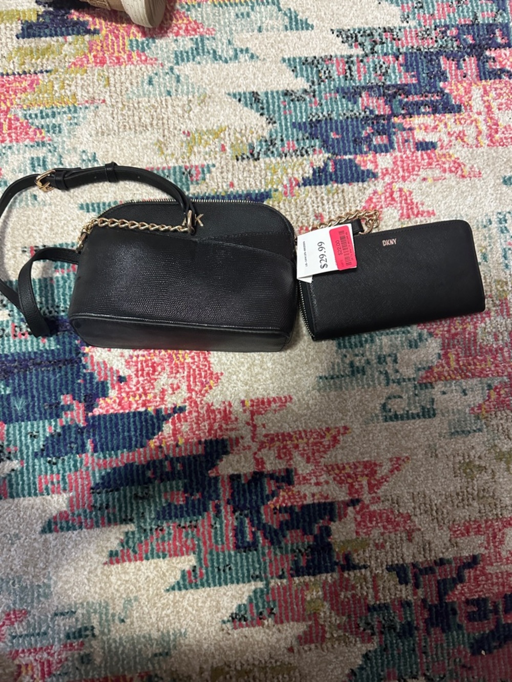 DKNY Black Crossbody Bag with Gold Chain and Matching Wallet